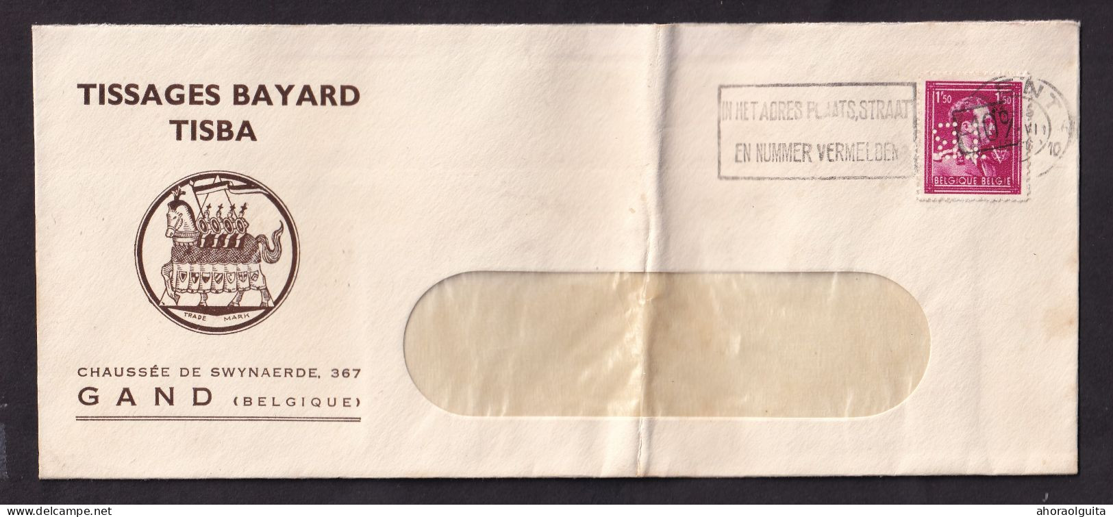 DDFF 587 -- Enveloppe TP Surcharge Locale Moins 10 % GENT 1946 - Perfo T.B., Entete Tissage Bayard ( Position 4) - 1934-51