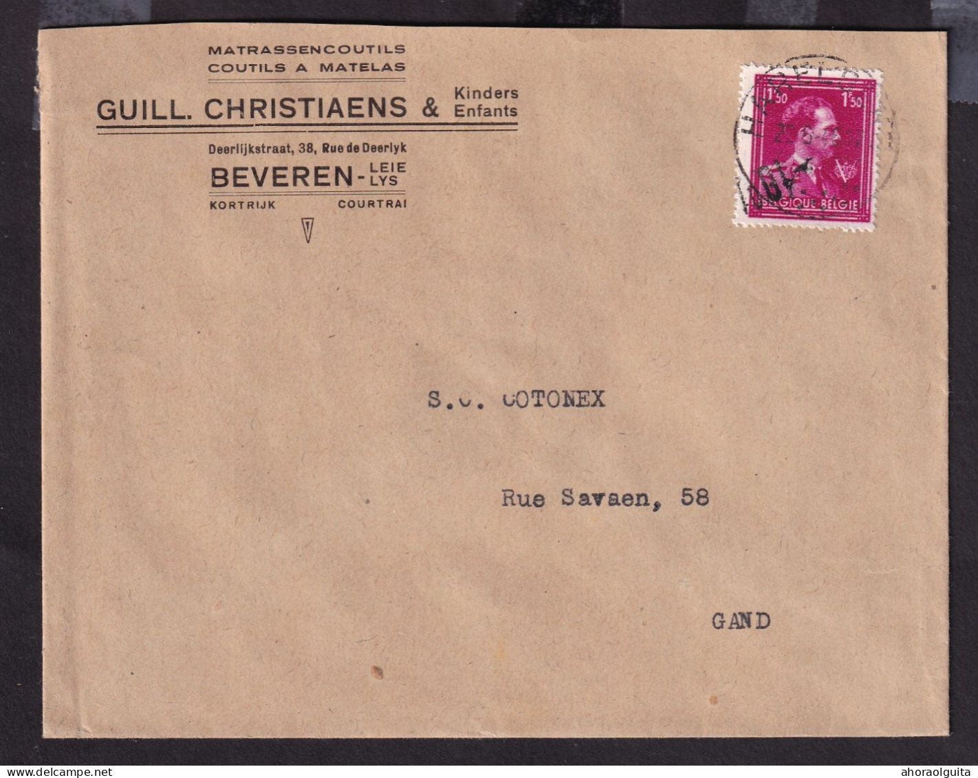 DDFF 590 -- Enveloppe TP Surcharge Locale Moins 10 % RENVERSEE, HARELBEKE 1946 - Entete Christiaens à BEVEREN - 1946 -10%