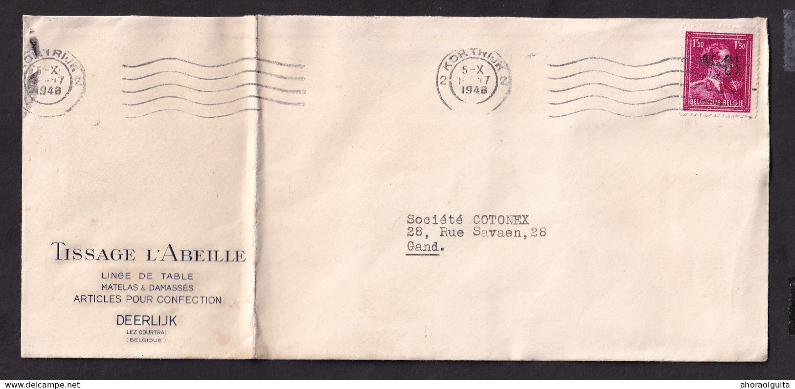 DDFF 591 -- Enveloppe TP Surcharge Locale Moins 10 % RENVERSEE, KORTRIJK 1946 - Entete Tissage L'Abeille à DEERLIJK - 1946 -10%