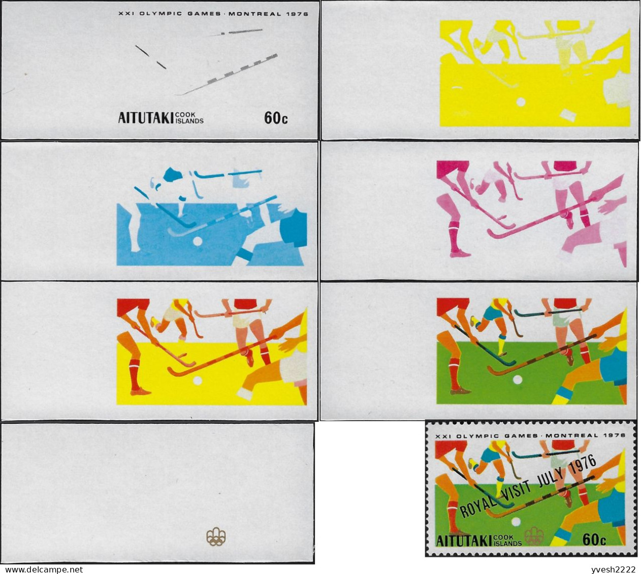 Aitutaki 1976 Y&T 174. 7 Essais, Couleurs Progressives Offset (noir Jaune Cyan Magenta Or). JO De Montréal. Hockey - Rasenhockey