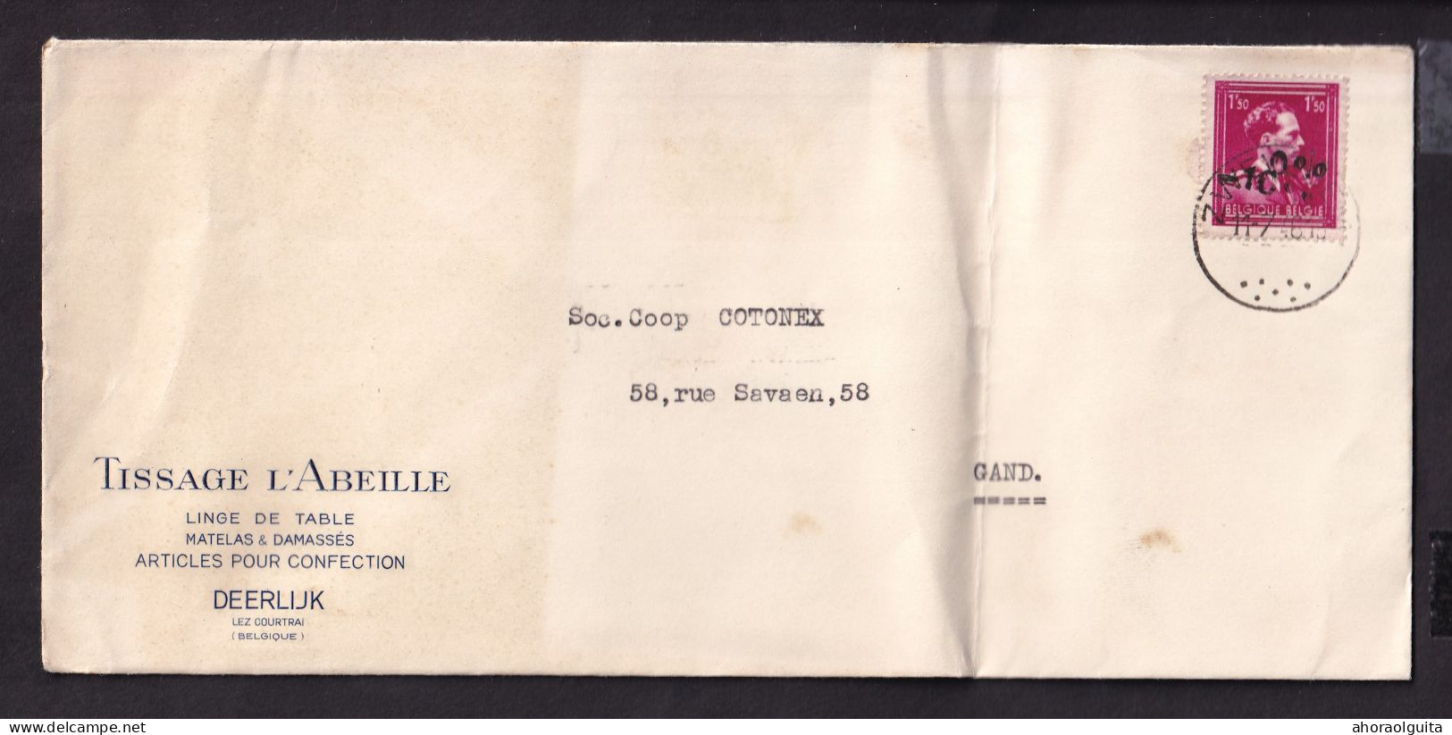 DDFF 593 -- Enveloppe TP Surcharge Locale Moins 10 % DOUBLE , ZWEVEGEM 1946 - Entete Tissage L'Abeille à DEERLIJK - 1946 -10 %