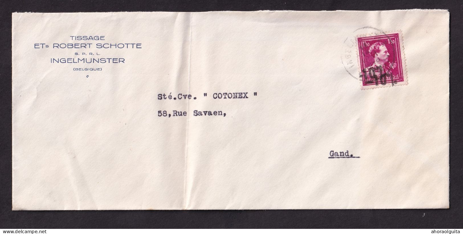 DDFF 594 -- Enveloppe TP Surcharge Locale Moins 10 % DOUBLE , INGELMUNSTER 1946 - Entete Tissage Robert Schotte - 1946 -10%