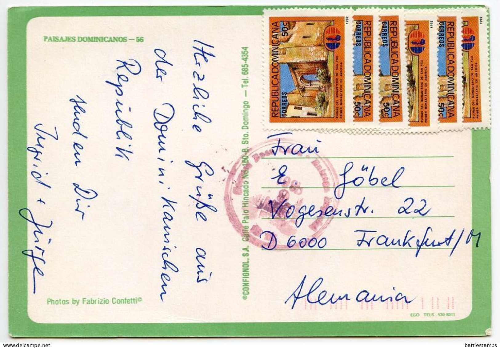 Dominican Republic 1995 Postcard Scenic Views - Beaches, Palms, Waterfall; 50c. Ruins Of San Francisco Monastery X 6 - Dominicaine (République)