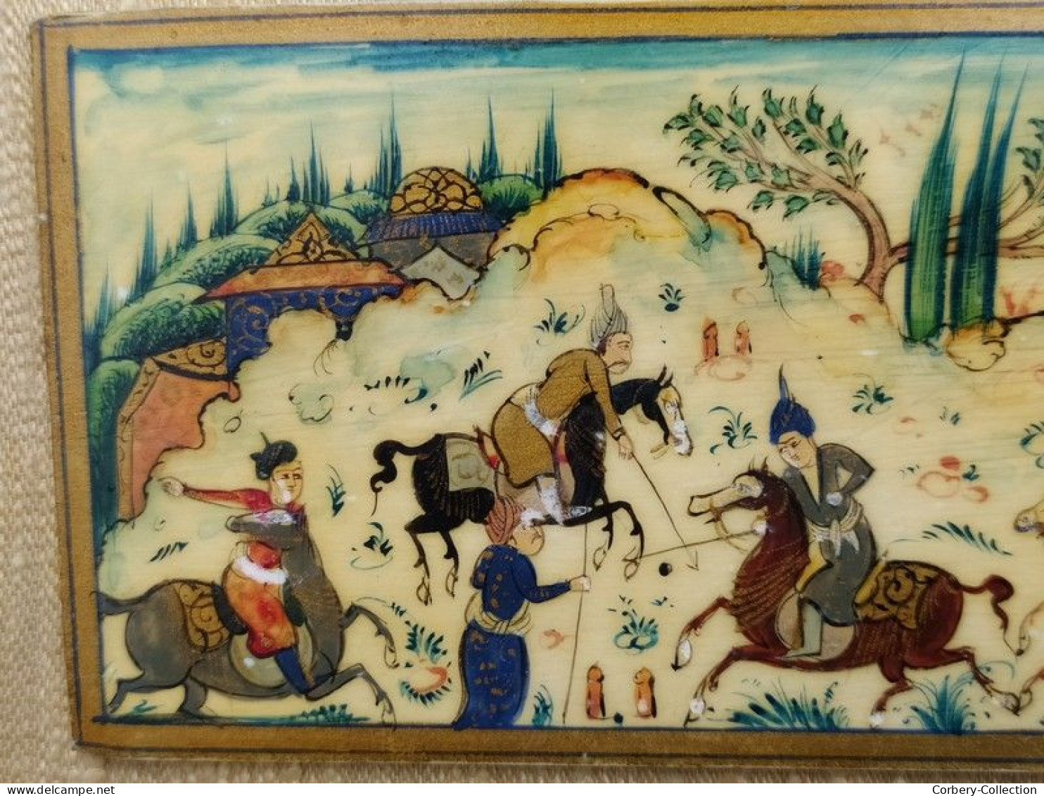 Ancienne Peinture Miniature Perse Iran Jeu Équestre Polo Sport Cheval Chevaux - Oriental Art