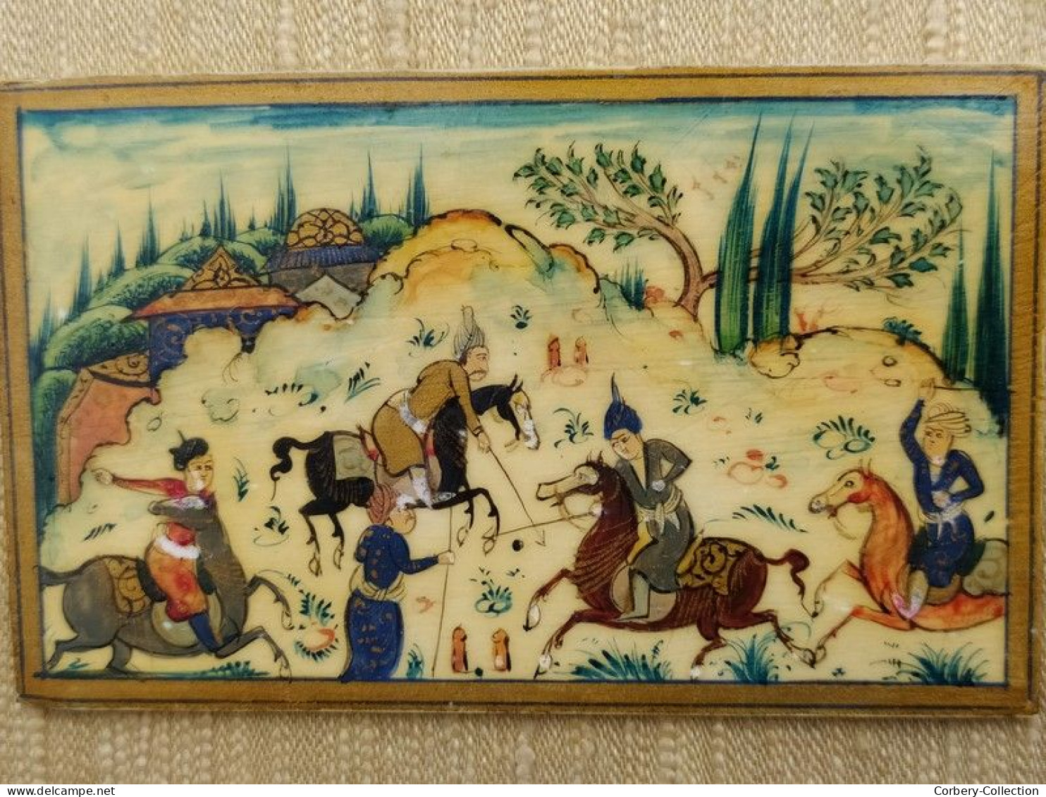 Ancienne Peinture Miniature Perse Iran Jeu Équestre Polo Sport Cheval Chevaux - Arte Orientale