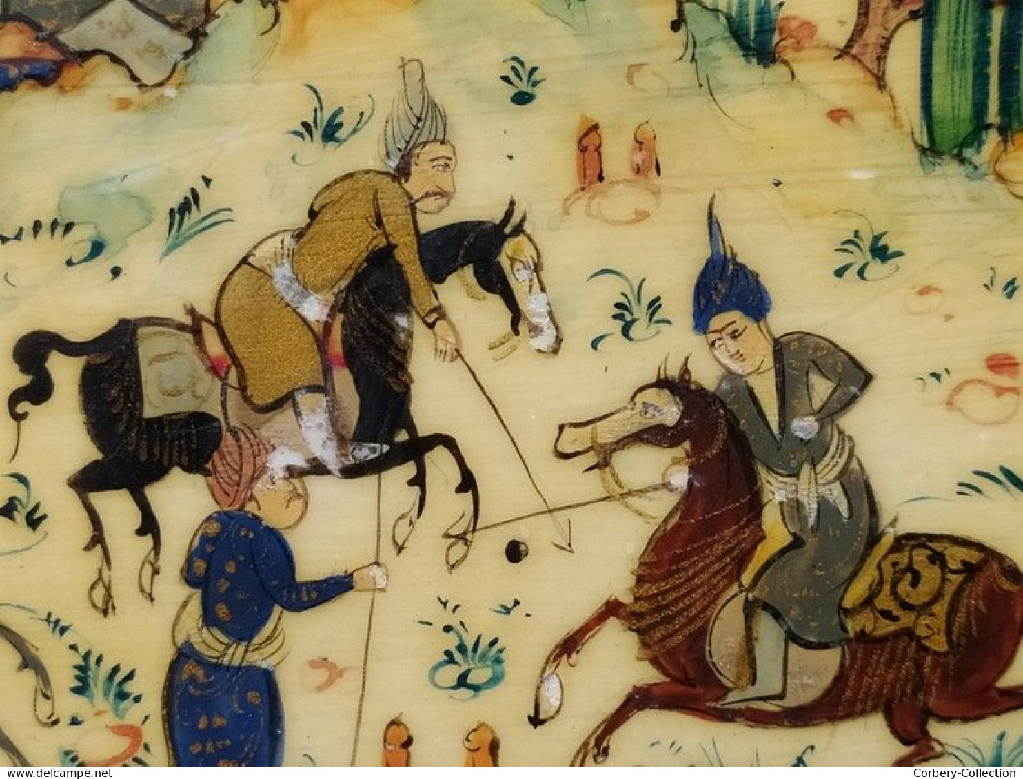 Ancienne Peinture Miniature Perse Iran Jeu Équestre Polo Sport Cheval Chevaux