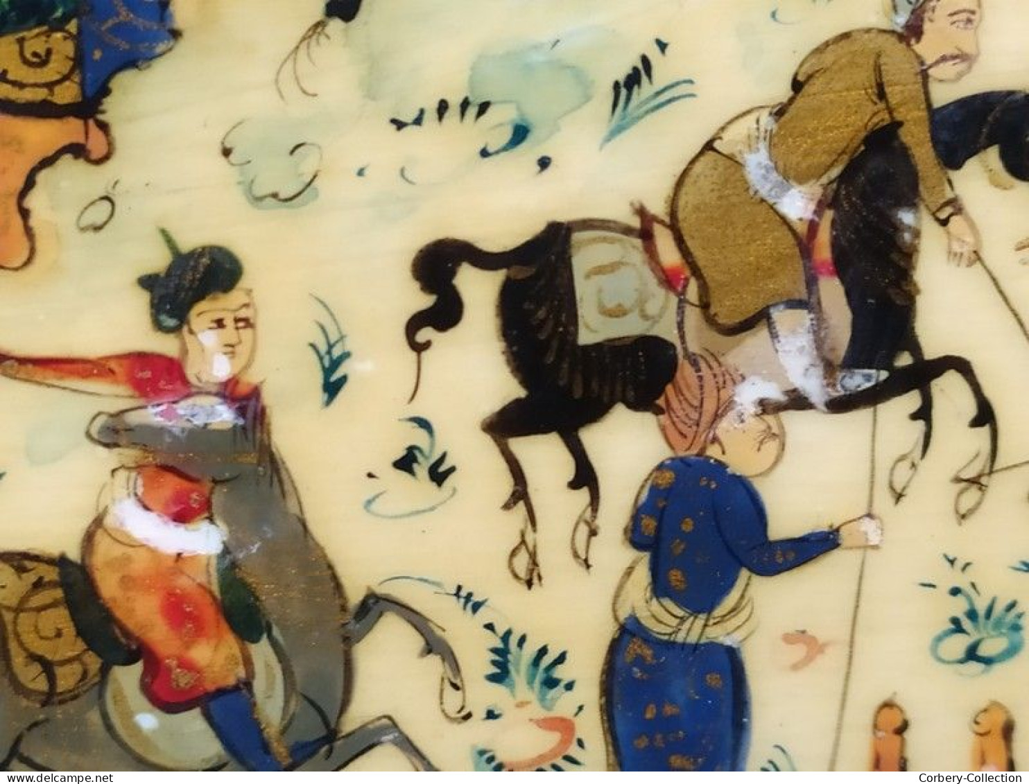 Ancienne Peinture Miniature Perse Iran Jeu Équestre Polo Sport Cheval Chevaux