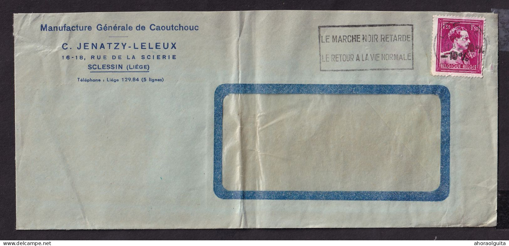 DDFF 595 -- Enveloppe TP Surcharge Locale Moins 10 % DOUBLE , LIEGE 1946 - Entete Caoutchouc Jenatzy à SCLESSIN - 1946 -10%