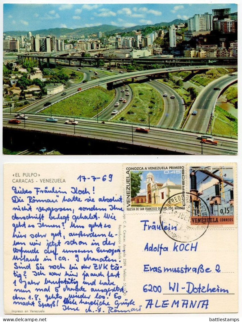 Venezuela 1969 Postcard Caracas - El Pulpo / Highway; 45c Church San Francisco De Vare & 15c Electric Substation Stamps - Venezuela