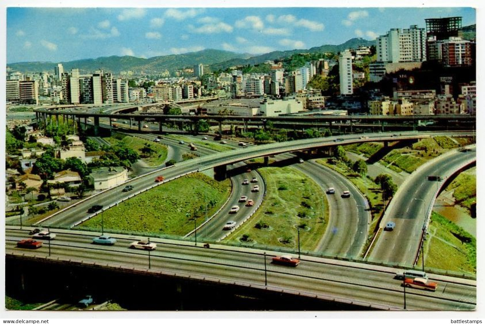 Venezuela 1969 Postcard Caracas - El Pulpo / Highway; 45c Church San Francisco De Vare & 15c Electric Substation Stamps - Venezuela