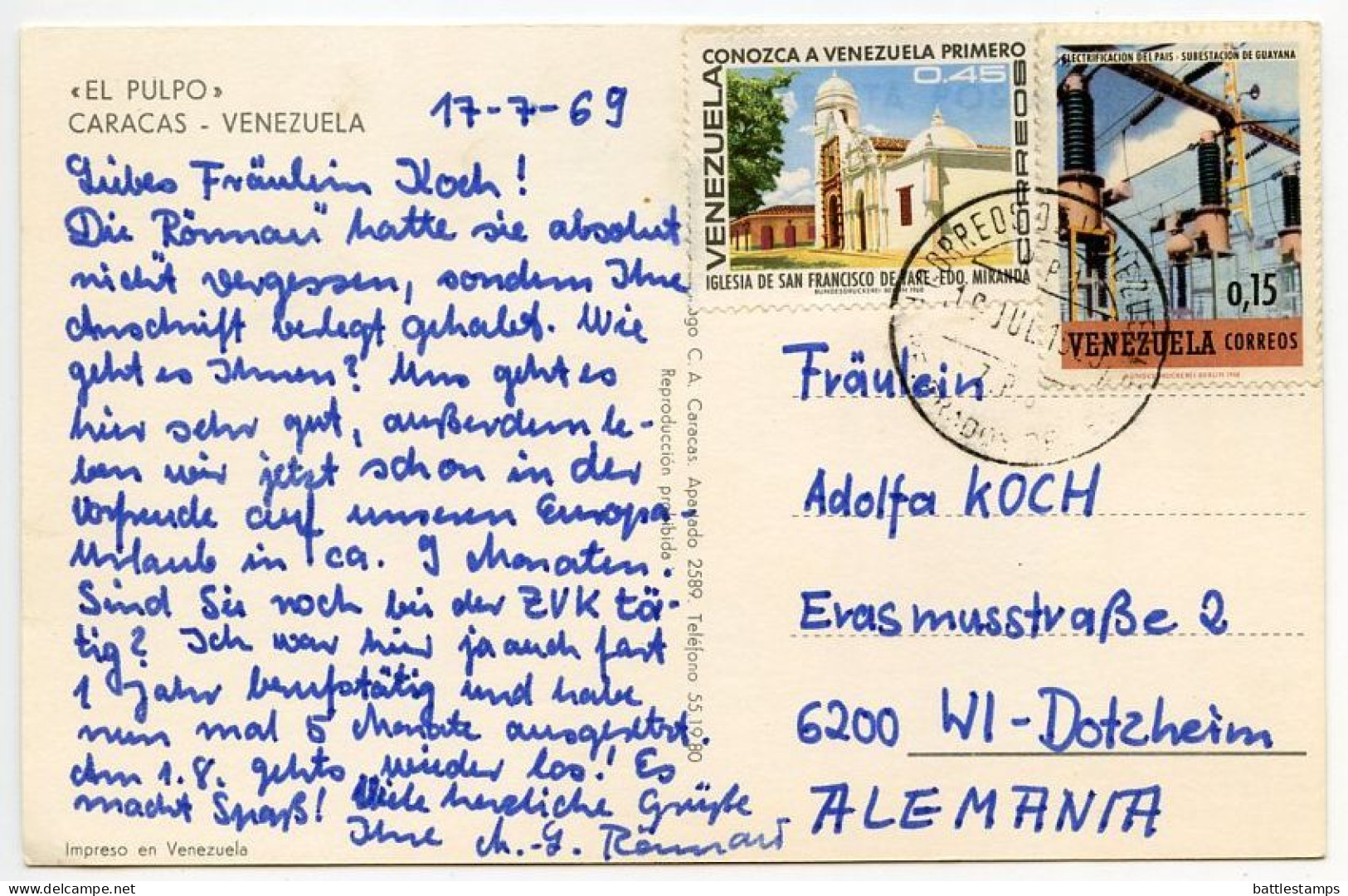 Venezuela 1969 Postcard Caracas - El Pulpo / Highway; 45c Church San Francisco De Vare & 15c Electric Substation Stamps - Venezuela