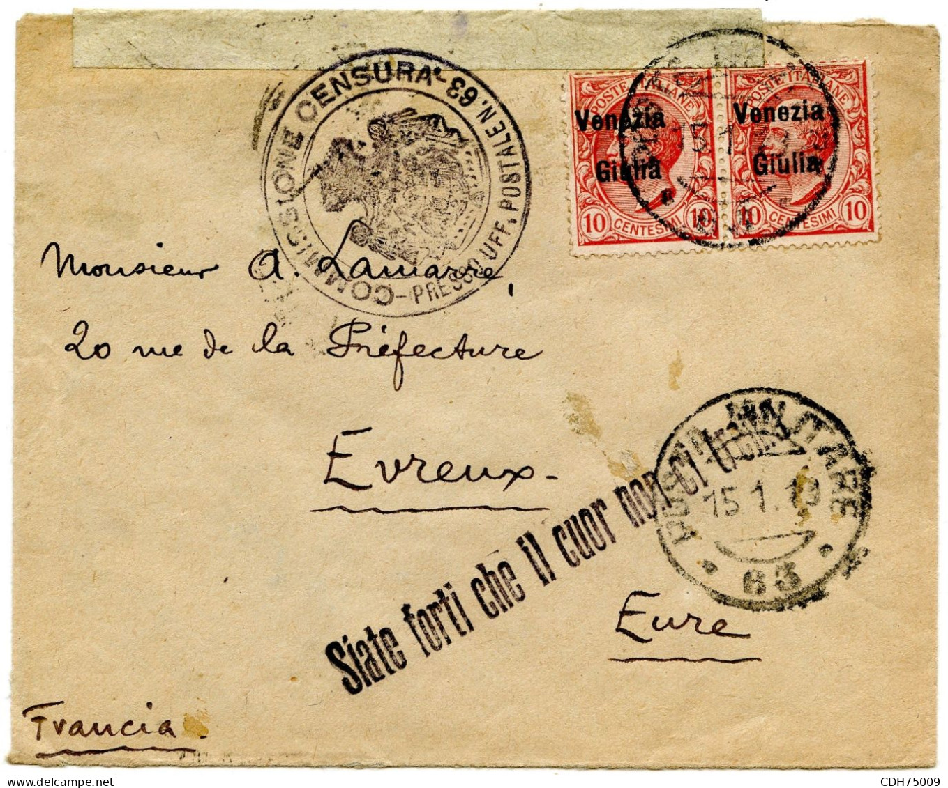 ITALIE - 10CX2 SUR LETTRE CENSUREE POUR LA FRANCE, 1919 - Marcophilia