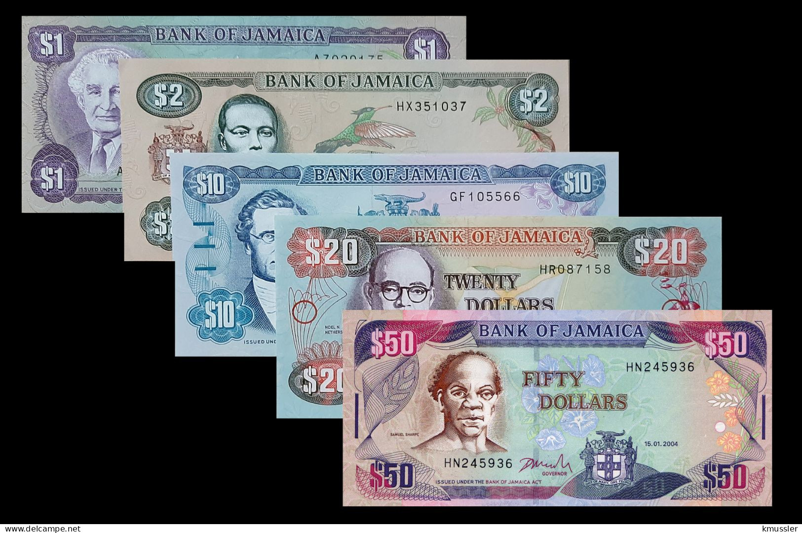 # # # Set 5 Banknoten Jamaika (Jamaica) 1 Bis 50 Dollar 1986-2004 UNC # # # - Giamaica