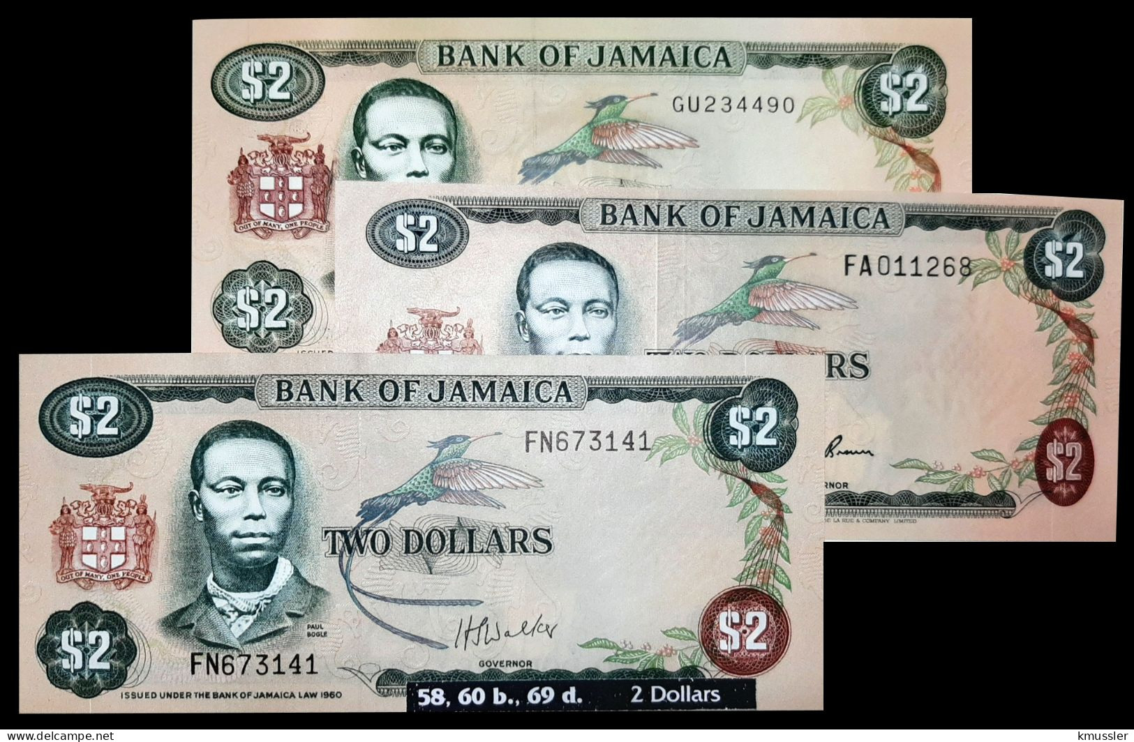 # # # Set 3 Banknoten Aus Jamaika (Jamaica) 2 Dollars (P-58, 60, 69) UNC # # # - Jamaica