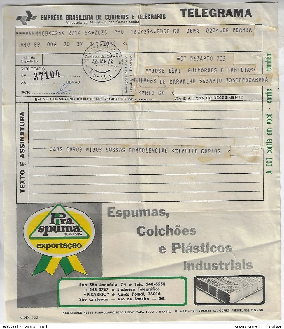 Brazil 1972 Telegram Shipped To Copacabana Authorized Advertising Pira Spuma Foam Mattress And Industrial Plastic - Covers & Documents