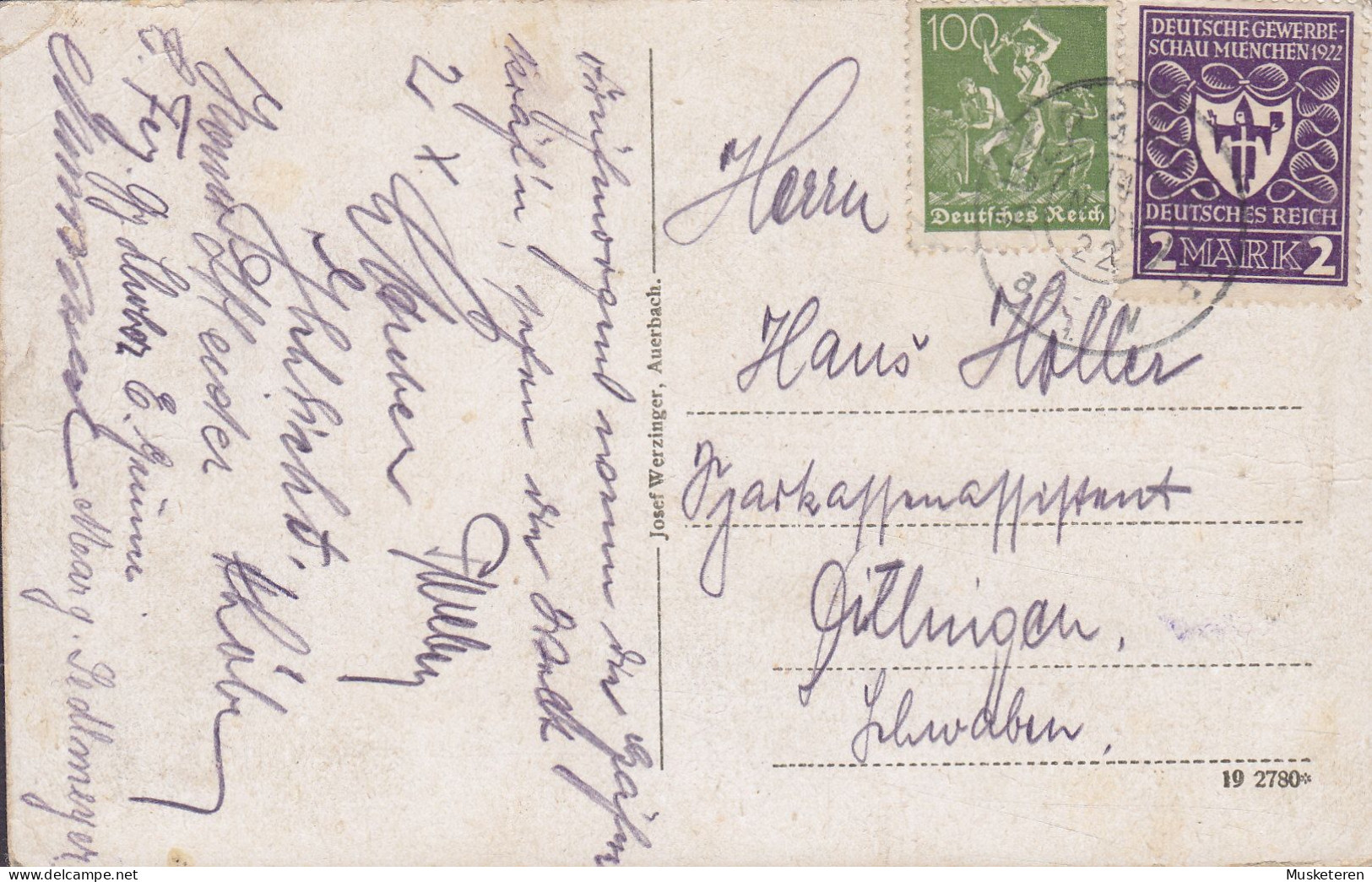 Deutsches Reich PPC Gruss Aus Auerbach I. O. Josef Werzinger, Auerbach AUERBACH 1922 Deutsche Gewerbeschau (2 Scans) - Auerbach