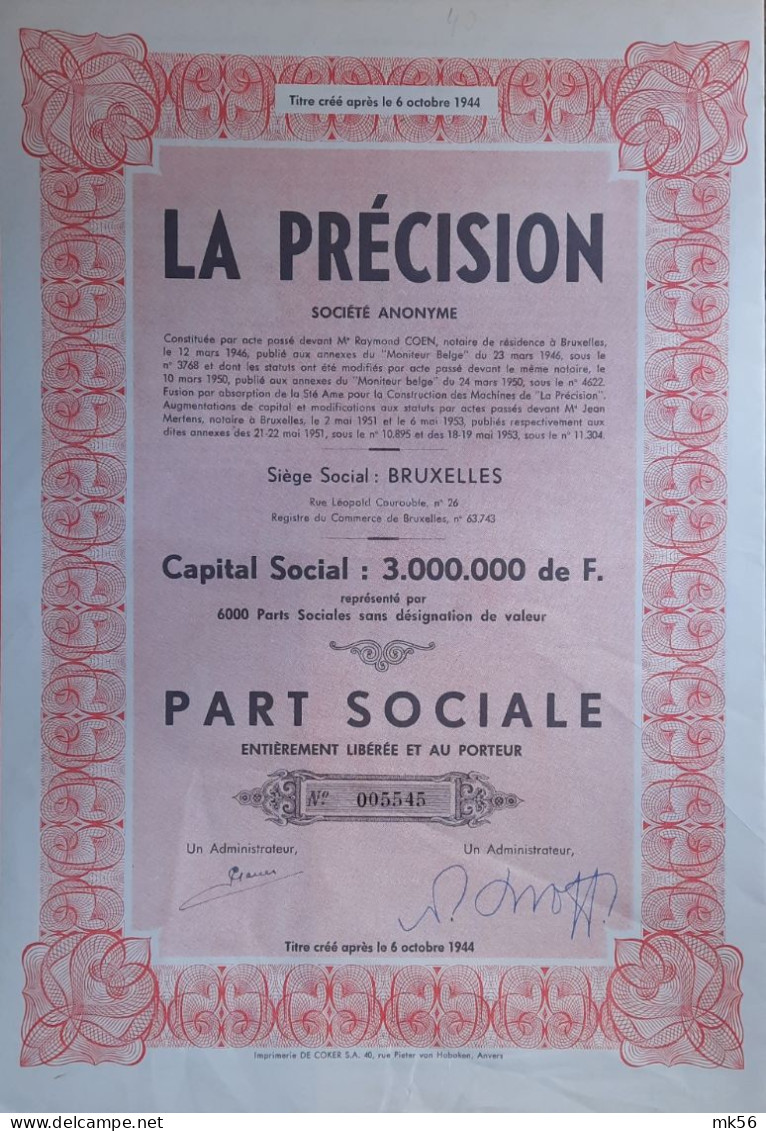 S.A. La Précision - 1951 - Bruxelles - Textile