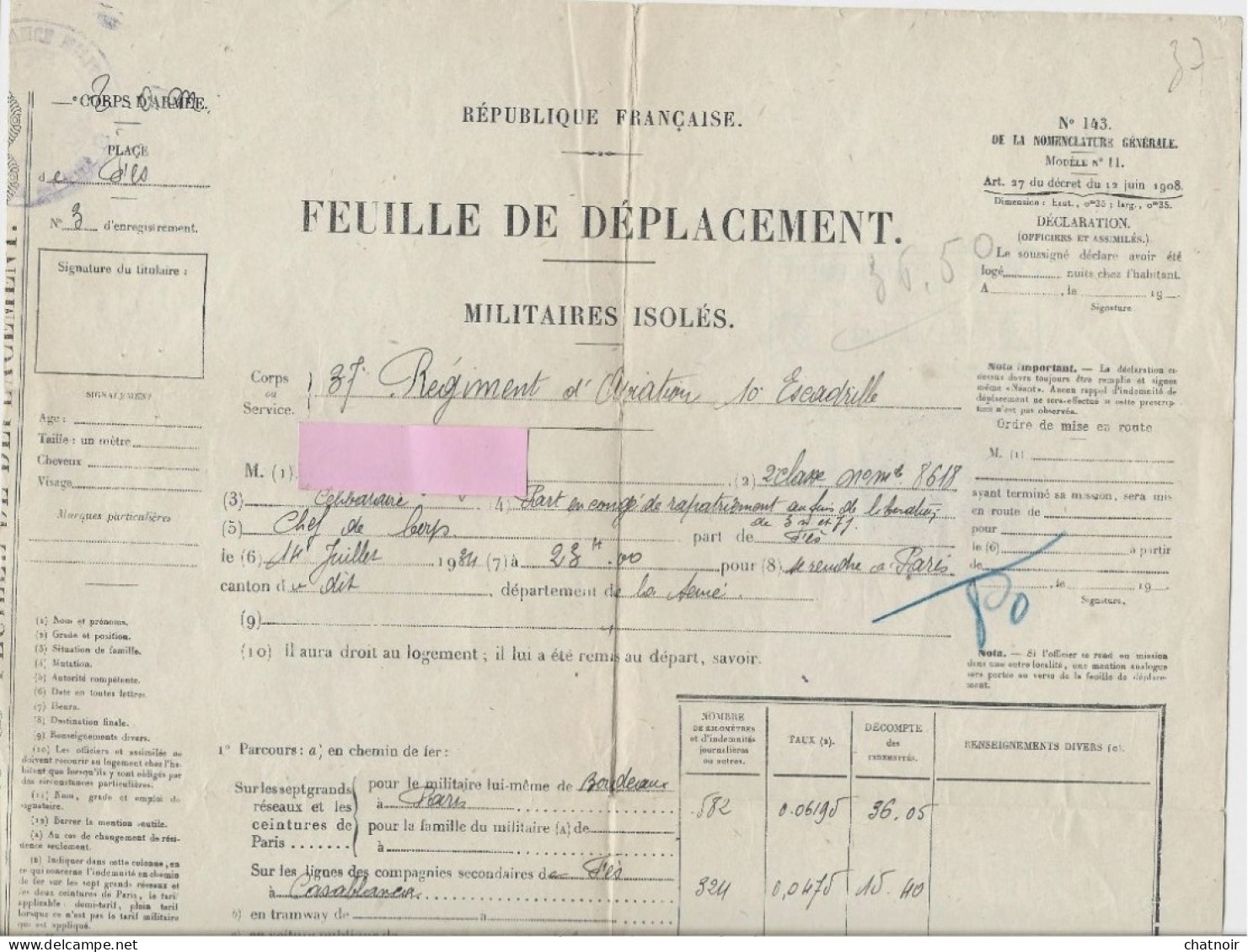 Feuille De Deplacement   Militaires Isolés (35 Cm X 27 Cm) 37 Regt D Aviation Centre De Fès /casablanca 1934 Bordeaux - Documenten