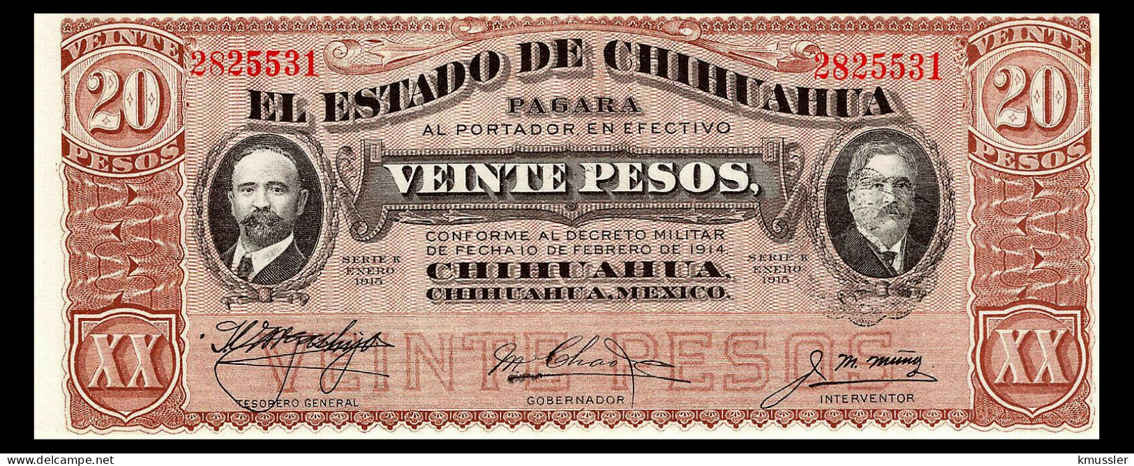 # # # Ältere Banknote Mexico 20 Pesos 1914 Chihuahua UNC # # # - Mexique