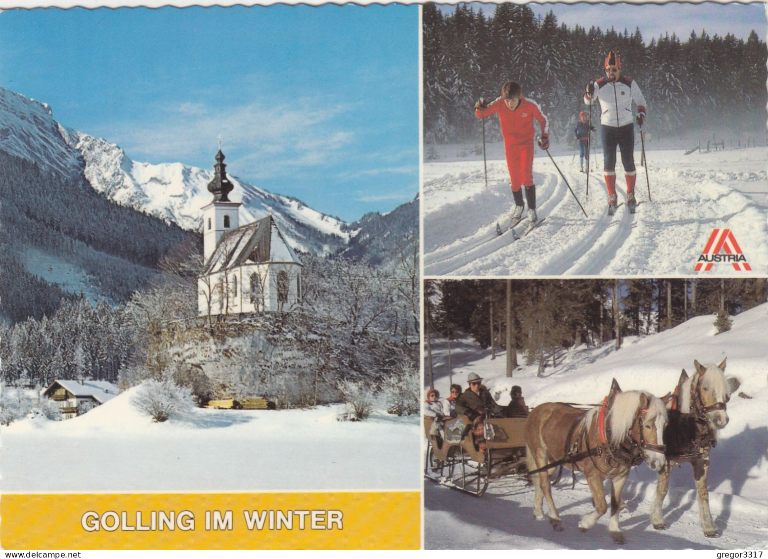 E3034) GOLLING Im Winter - DREIBILD AK Verschneite Ansichten - Langläufer Schlittenfahrt U. Kirche - Golling