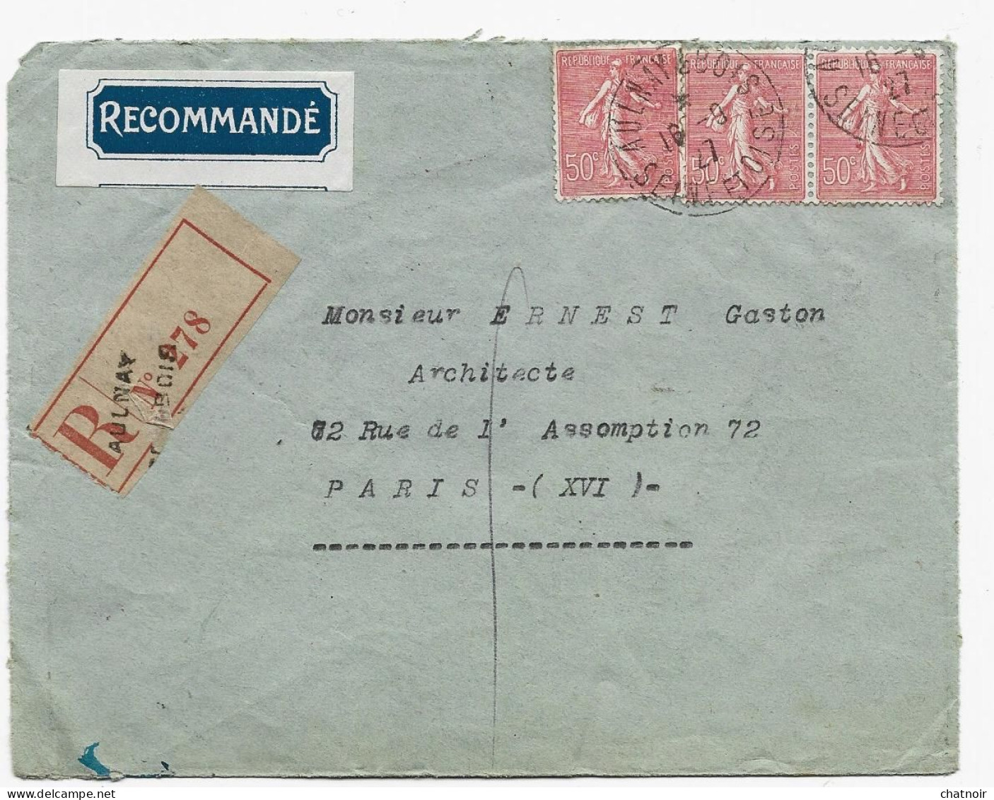 Enveloppe Ouverte étiquette  Recom En Bleue   AULNAY SOUS BOIS   1927    3 X  50 C Semeuse - Briefe U. Dokumente