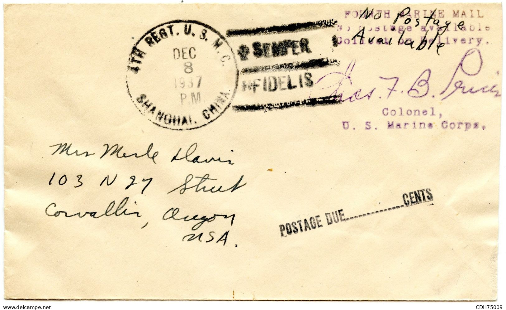 ETATS UNIS - SHANGHAI + FOURTH MARINE MAIL NO POSTAGE AVAILABLE COLLECT ON DELIVERY SUR LETTRE, 1937 - Cartas & Documentos