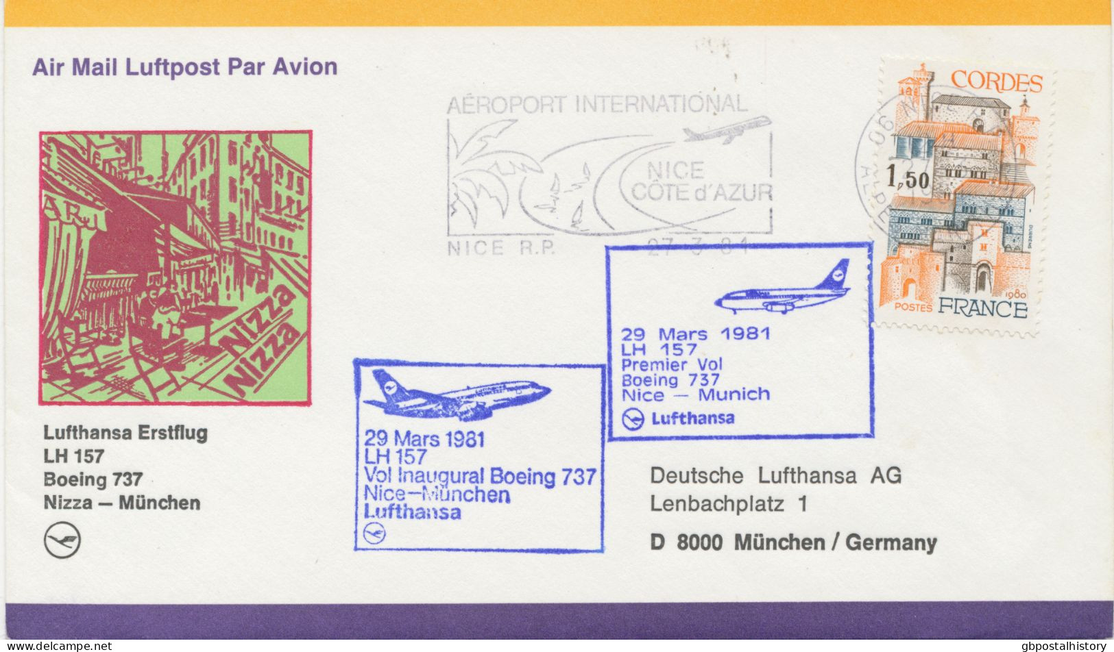 FRANKREICH 1981 Erstflug Deutsche Lufthansa Mit Boeing 737 Flug LH 157 „NIZZA – MÜNCHEN“ M Zwei Verschiedene Flugstempel - Premiers Vols