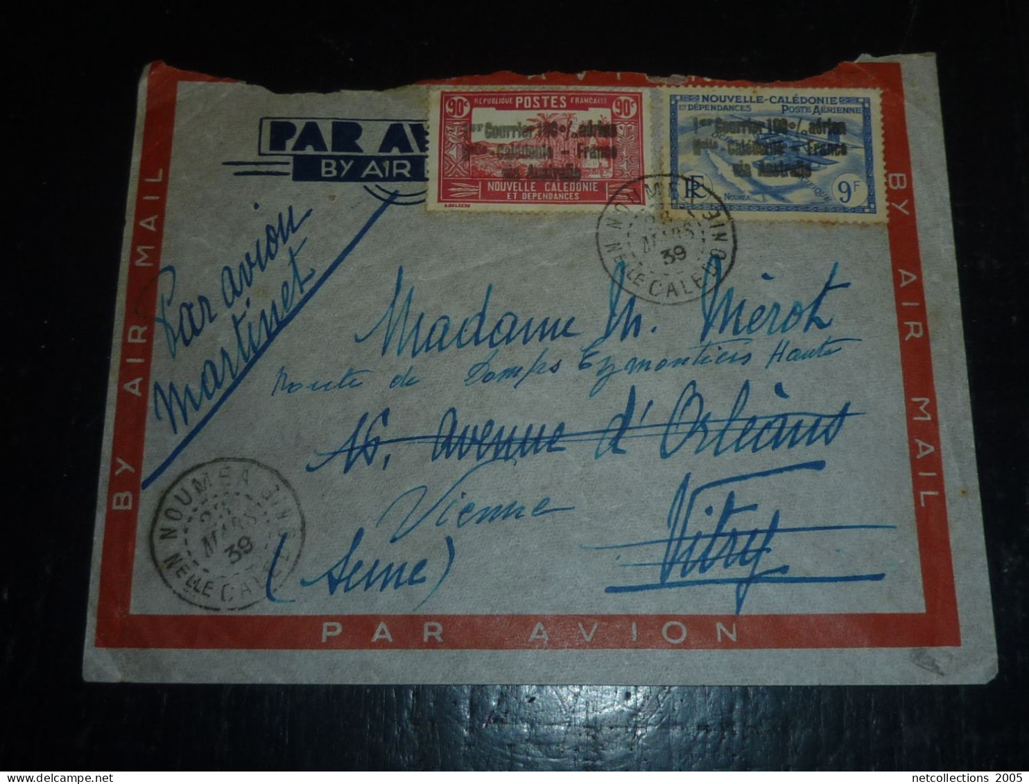 NOUVELLE CALEDONIE AVIATION - LETTRE PARTIE NOUMEA LE 23 MARS 1939 POUR VITRY MENTION " PAR AVION MARTINET " (CV) - Lettres & Documents