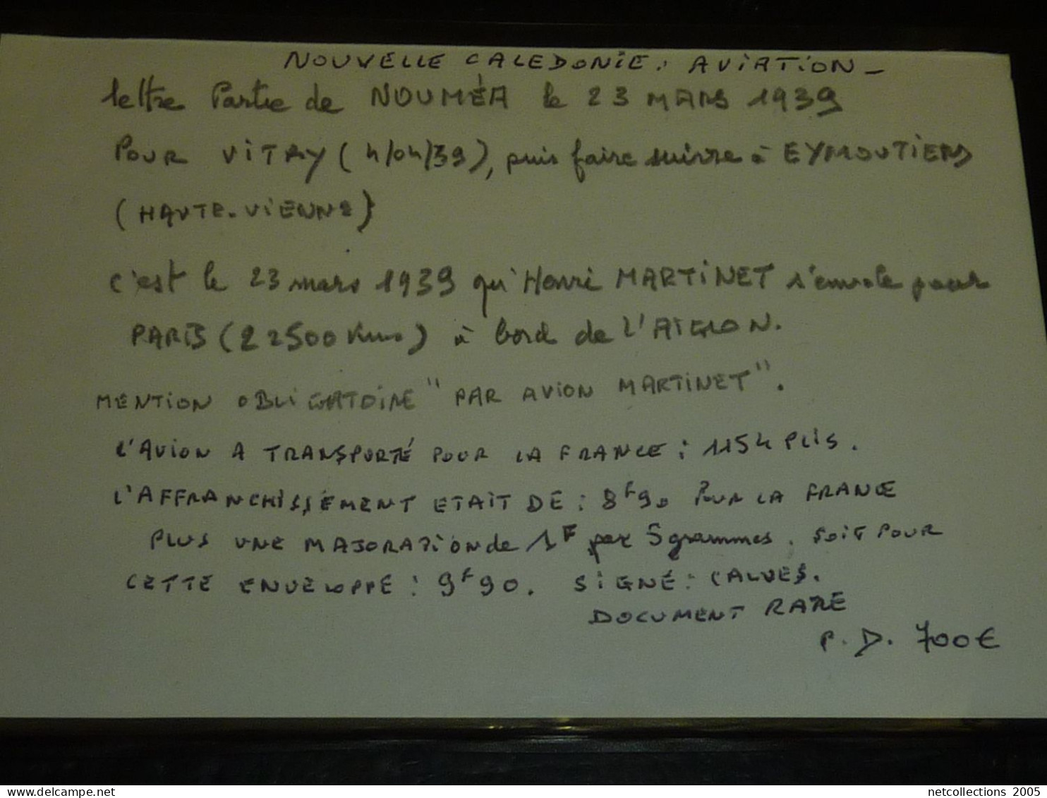 NOUVELLE CALEDONIE AVIATION - LETTRE PARTIE NOUMEA LE 23 MARS 1939 POUR VITRY MENTION " PAR AVION MARTINET " (CV)