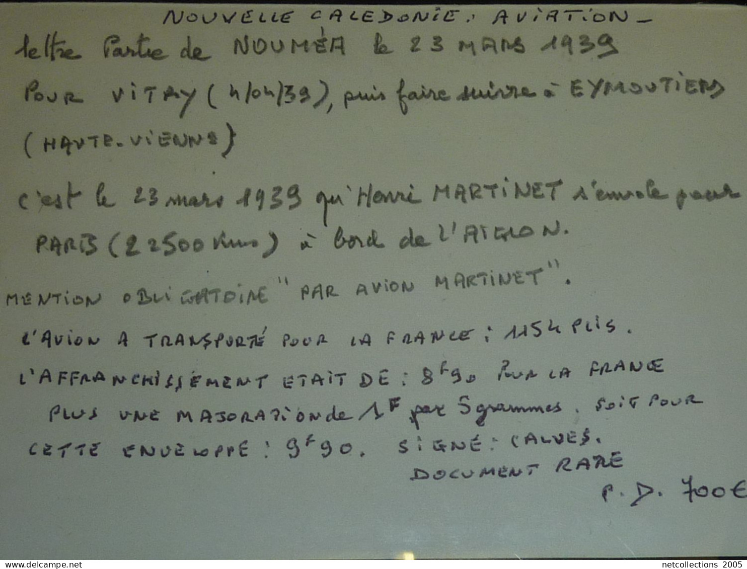 NOUVELLE CALEDONIE AVIATION - LETTRE PARTIE NOUMEA LE 23 MARS 1939 POUR VITRY MENTION " PAR AVION MARTINET " (CV)