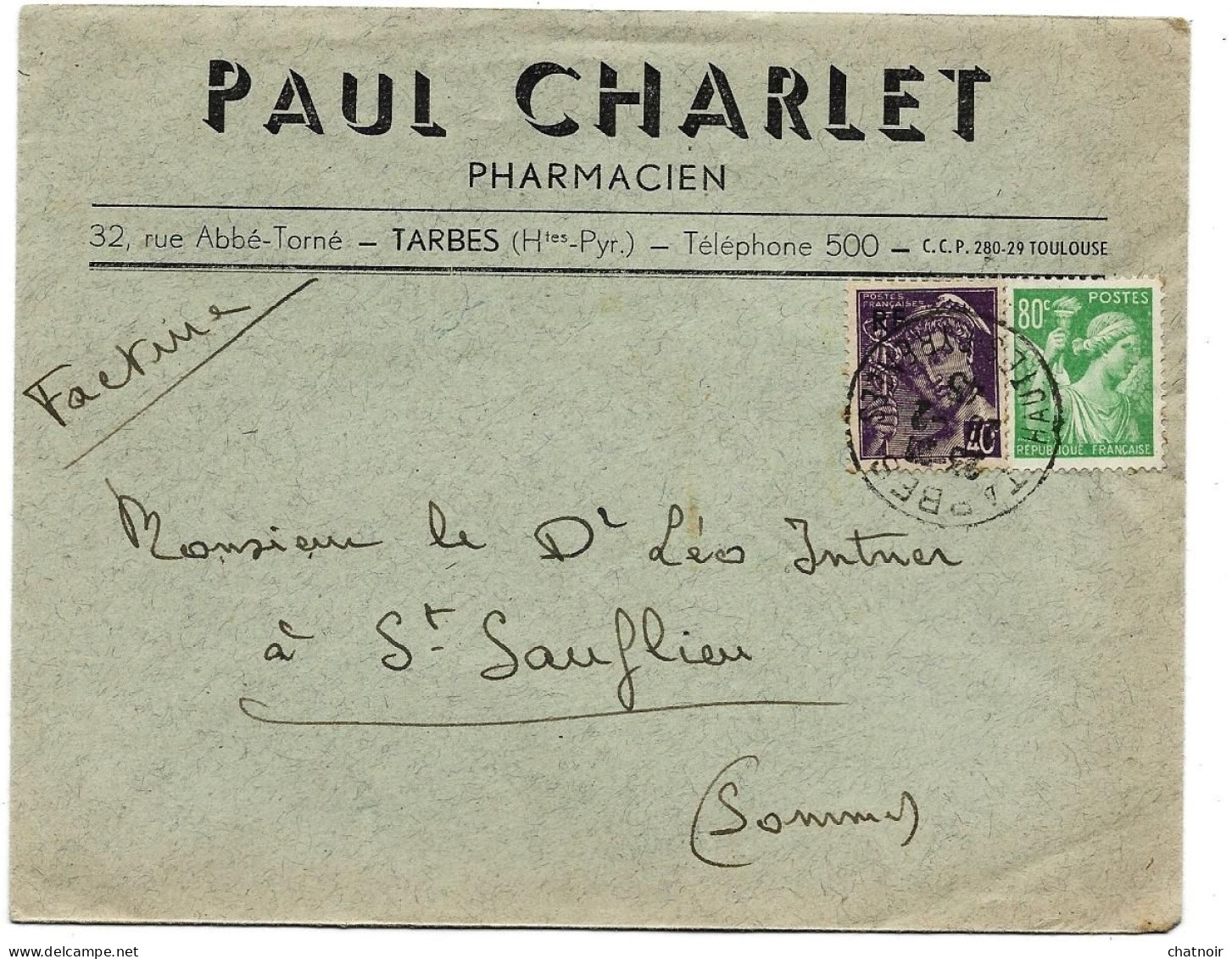 Enveloppe Facture CHARLET  Pharmacien  TARBES   Oblit 80c Iris  Et 40c Mercure Surch RF Oblit TARBES 1945 - Covers & Documents