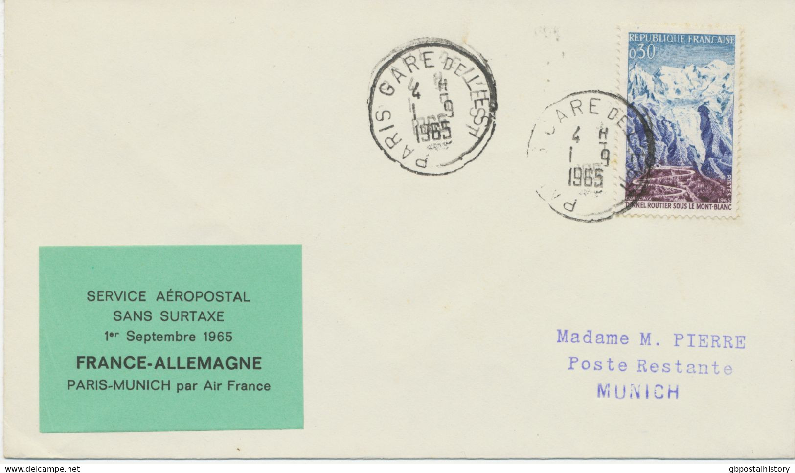 FRANKREICH 1.9.1965, Erstflug Air France Luftpostbeförderung Ohne Luftpostzuschlag M. Selt. Grüne Vignette (normal Gelb) - Primi Voli