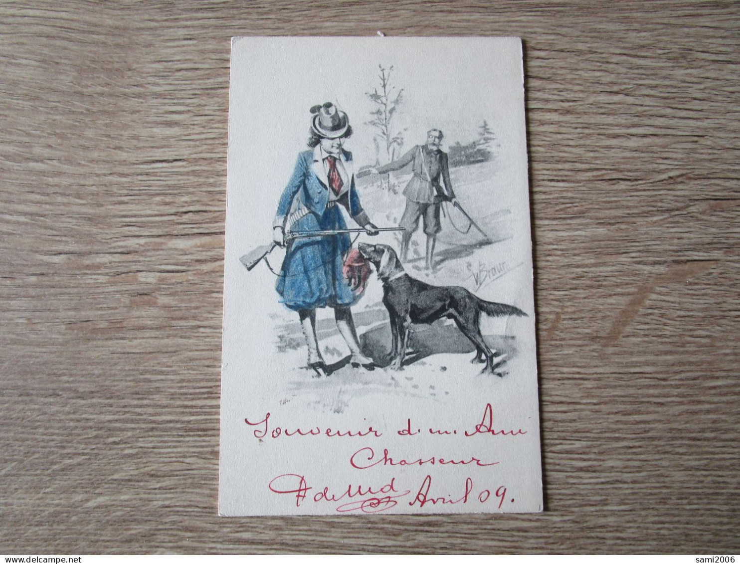 ILLUSTRATEUR W.BRAUN CHASSE FEMME FUSIL CHIEN LAPIN HOMME - Braun, W.