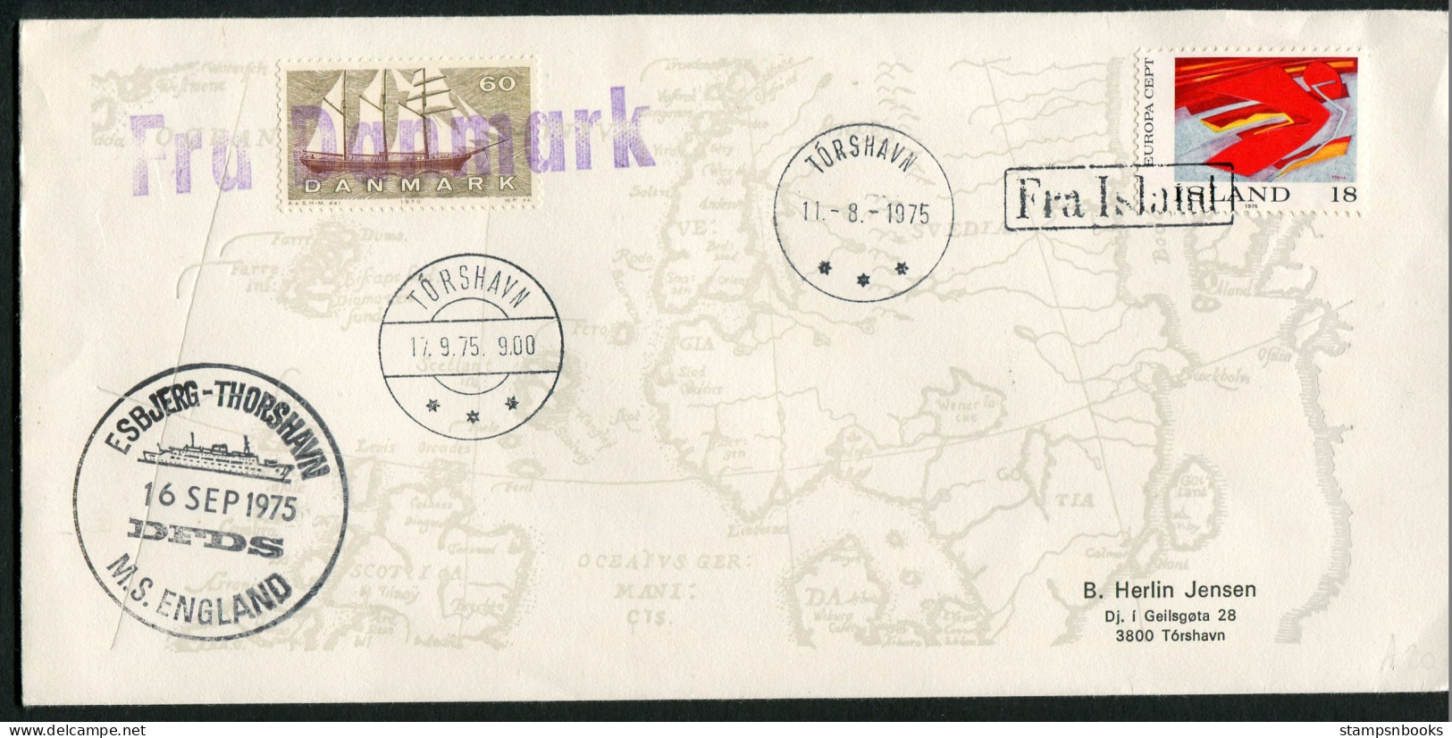 1975 Iceland Denmark Faroe Islands, Esbjerg - Thorshavn DFDS M.S. England Ship Paquebot "Fra Island" "Fra Danmark" Cover - Färöer Inseln