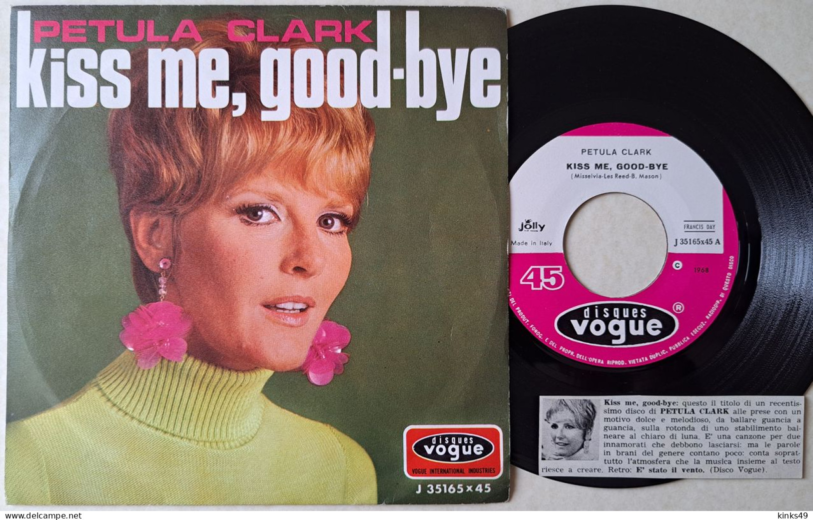 PETULA CLARK : 45 " Kiss Me Good-Bye / E' Stato Il Vento " 1968 = MINT- / MINT- / Con Omaggio - Andere - Italiaans