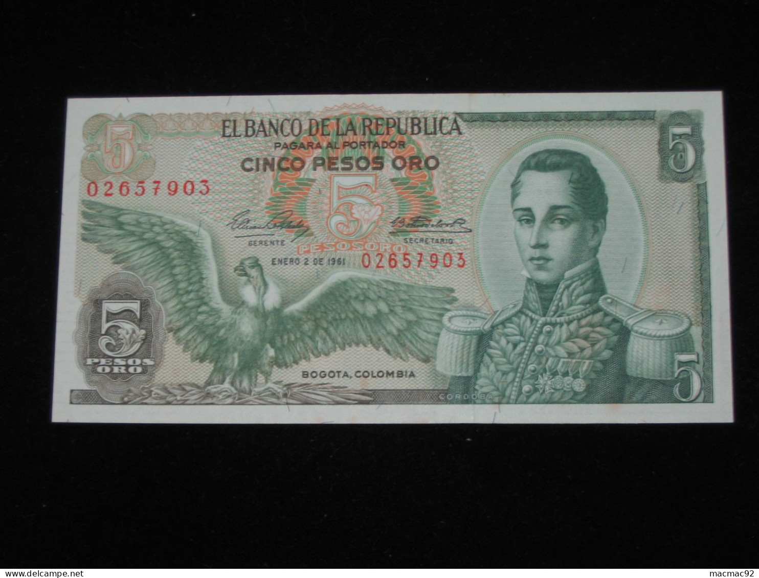 COLOMBIE  5 Cinco Peso Oro - 1961 - El Banco De La Republica  **** EN ACHAT IMMEDIAT **** - Colombie