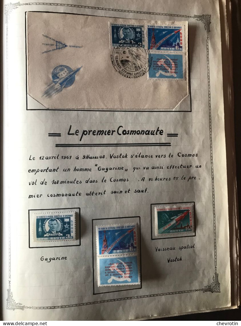 Superbe album de 35 pages :  timbres et enveloppes. L'homme à la conquête de l'espace.