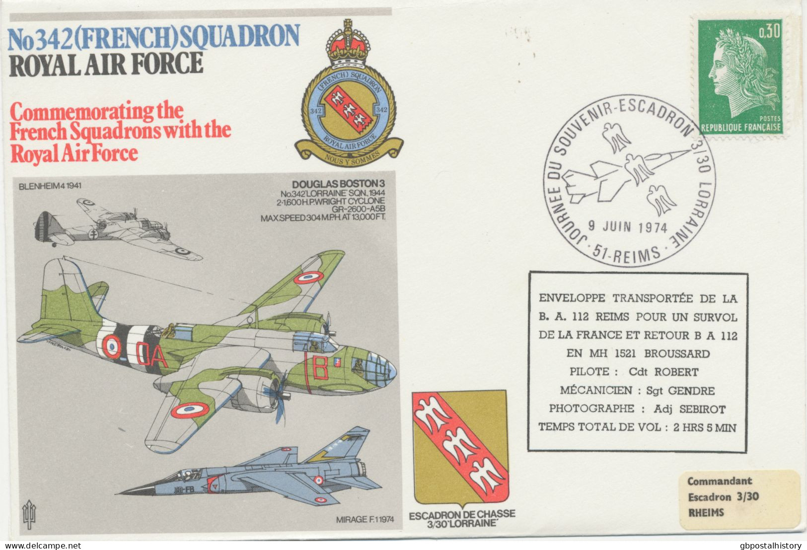 FRANKREICH 9.6.1974, Special Flight Royal Air Force Commemorating The French Squadrons With The RAF Flown Route „REIMS – - Erst- U. Sonderflugbriefe