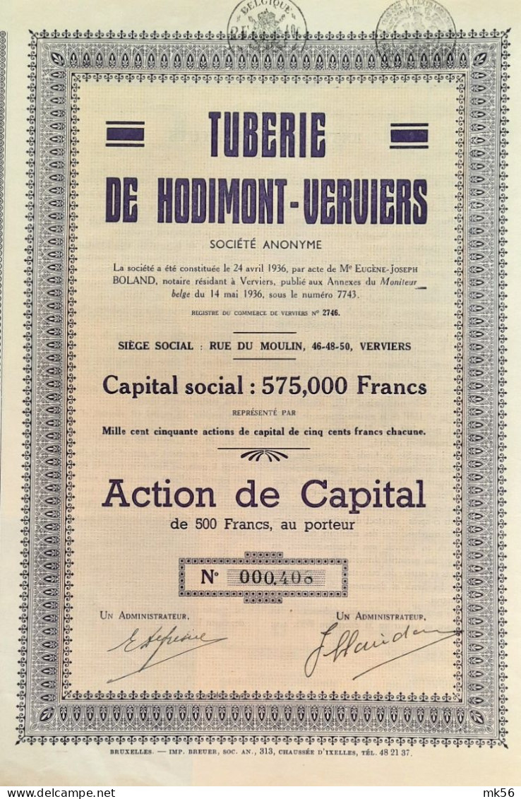 Tuberies De Hodimont-Verviers - 1936 - Action De Capital - Textil