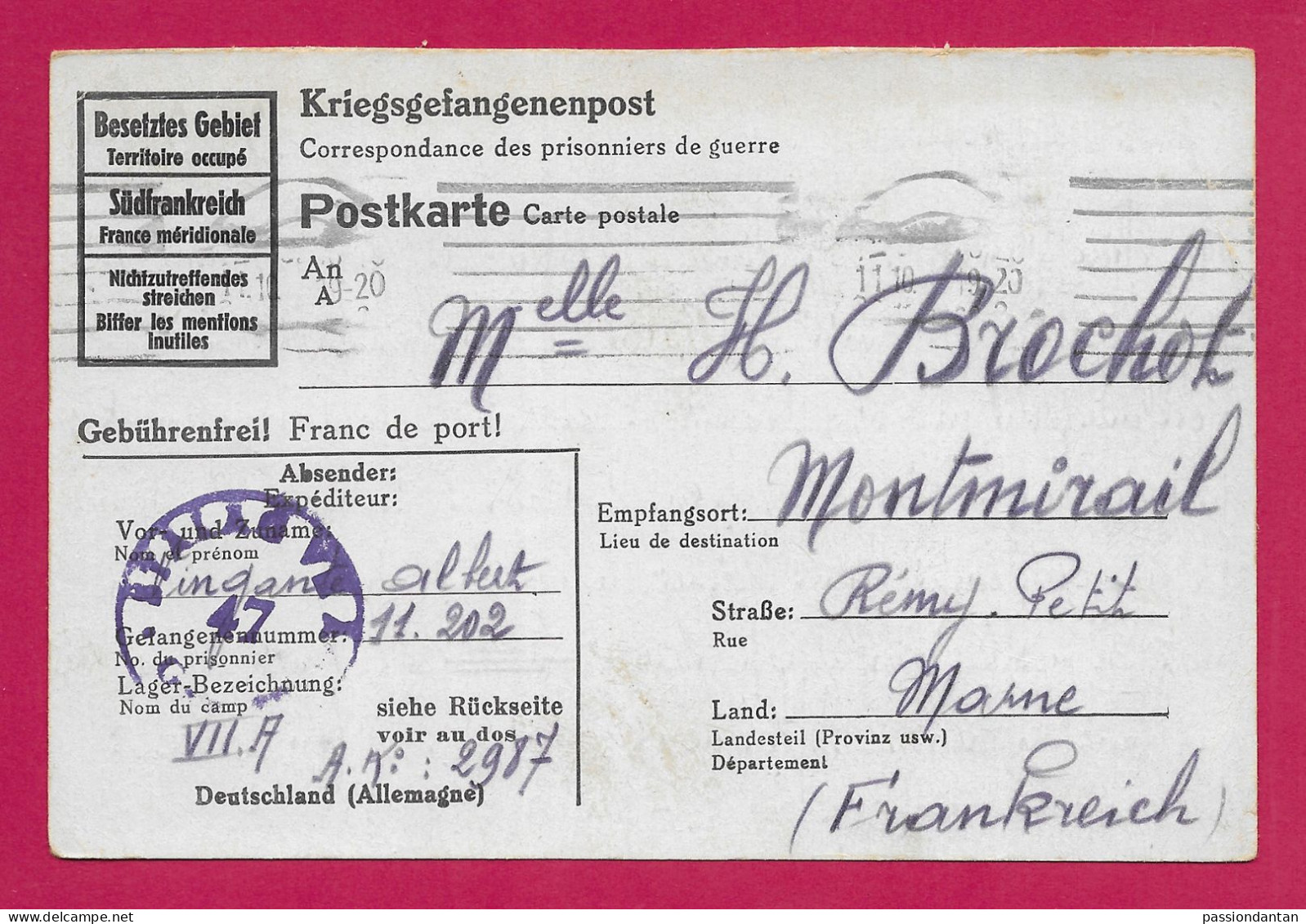Écrit De Prisonnier De Guerre - 29 Septembre 1944 - Voyagé Du Stalag VII-A à Destination De Montmirail En France - Prisoners Of War Mail