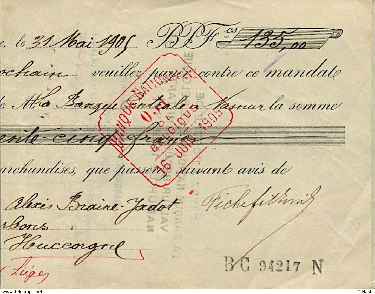 BELGIQUE - Mandat-lettre - Bruxelles Le 15 Juin 1905 - Brieven En Documenten