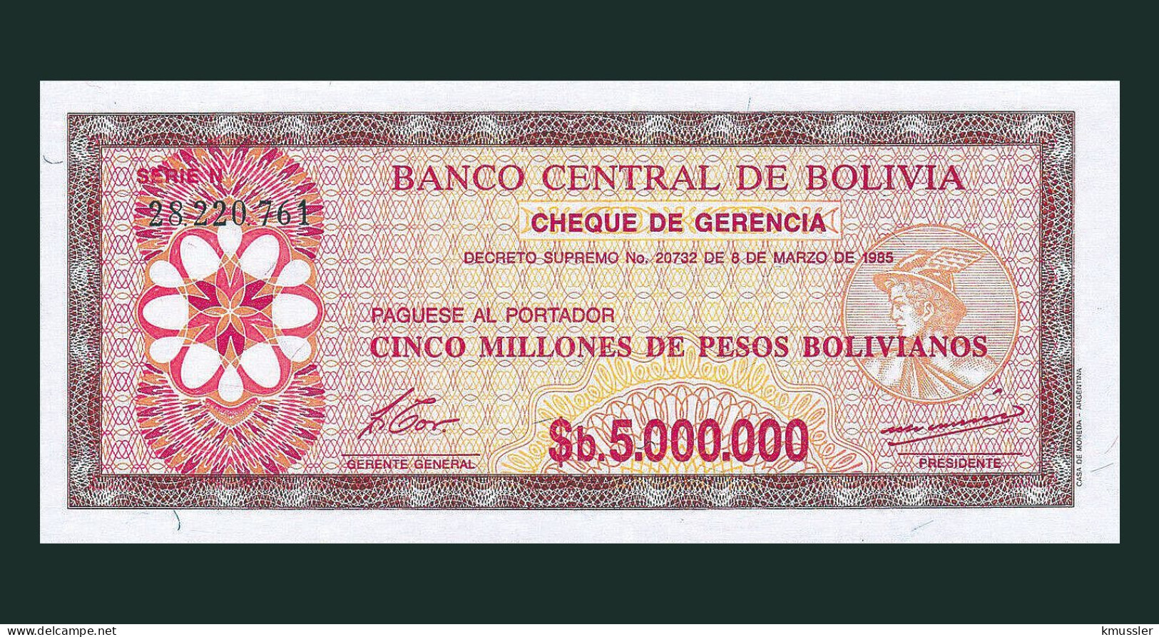 # # # Banknote Bolivien (Bolivia) 5.000.000 Boliviano 1985 (P-193) UNC # # # - Bolivie