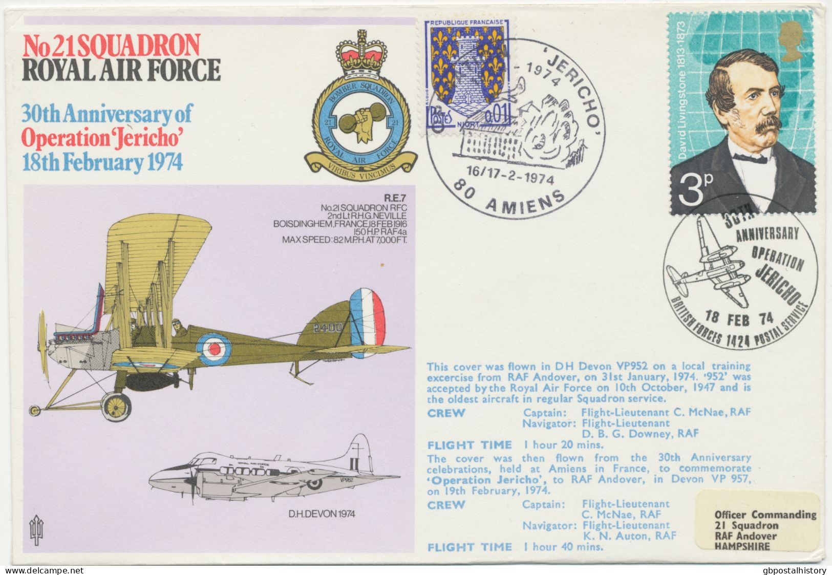 FRANCE / GREAT BRITAIN 18.2.1974, Special Flight Royal Air Force Flown In Devon VP 957 „AMIENS, France – RAF ANDOVER, Ha - First Flight Covers
