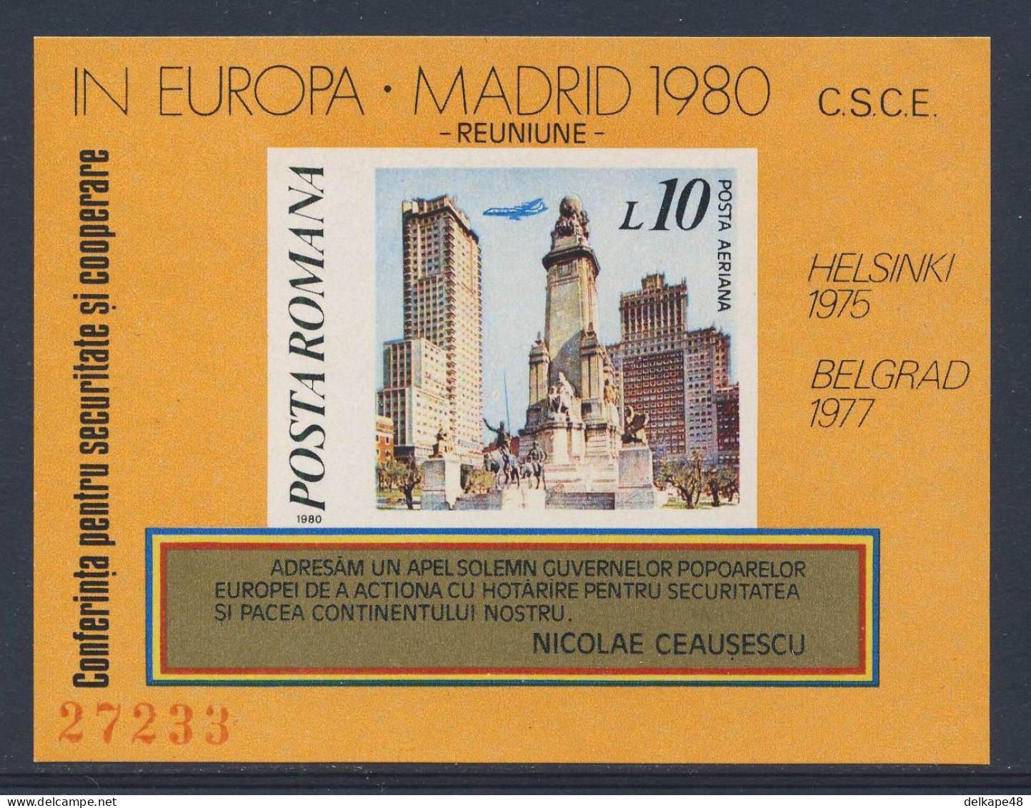 Romania Romana Rumänien 1980 Mi B175 YT B146 ** Bucharest - Eur. Security Co-op Conference - Europese Instellingen