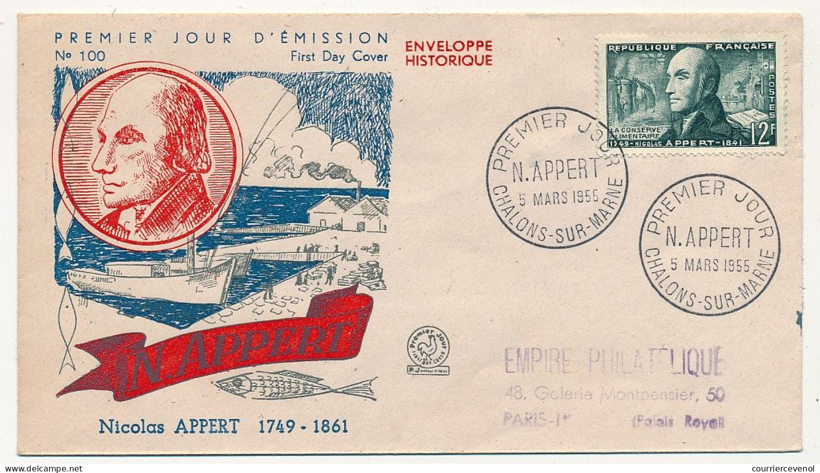 FRANCE => FDC 12F N. APPERT - Premier Jour - Chalons Sur Marne -  5 Mars 1955 - 1950-1959