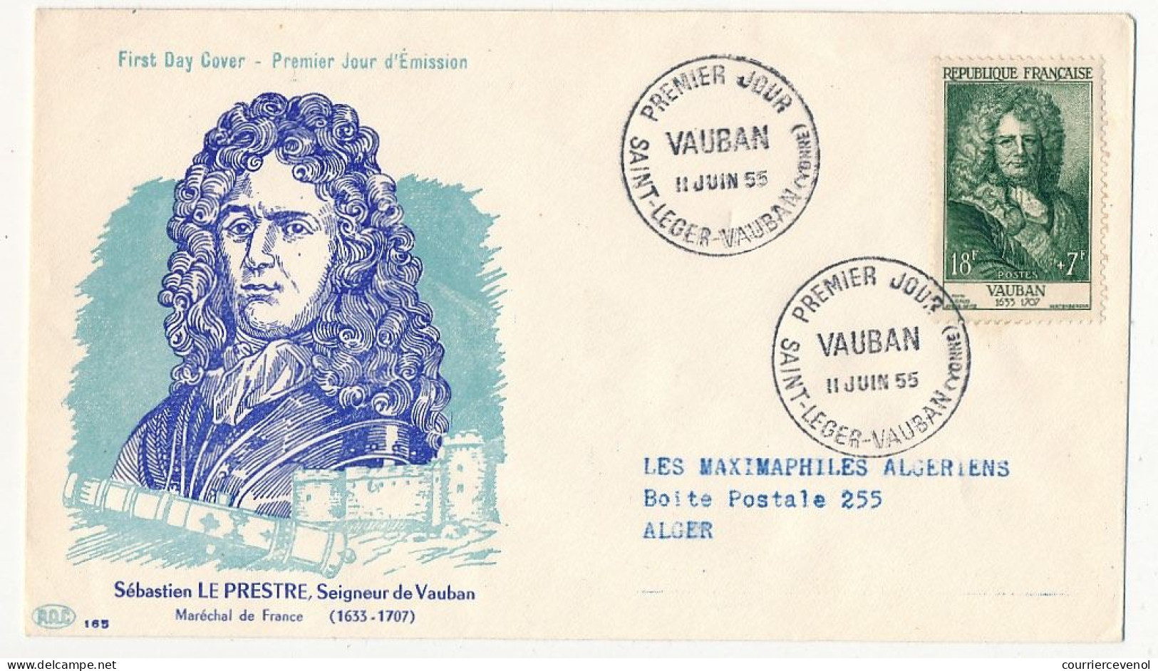 FRANCE => FDC 18F + 7F VAUBAN - Premier Jour - Saint-Leger-Vauban (Yonne) - 11 Juin 1955 - 1950-1959