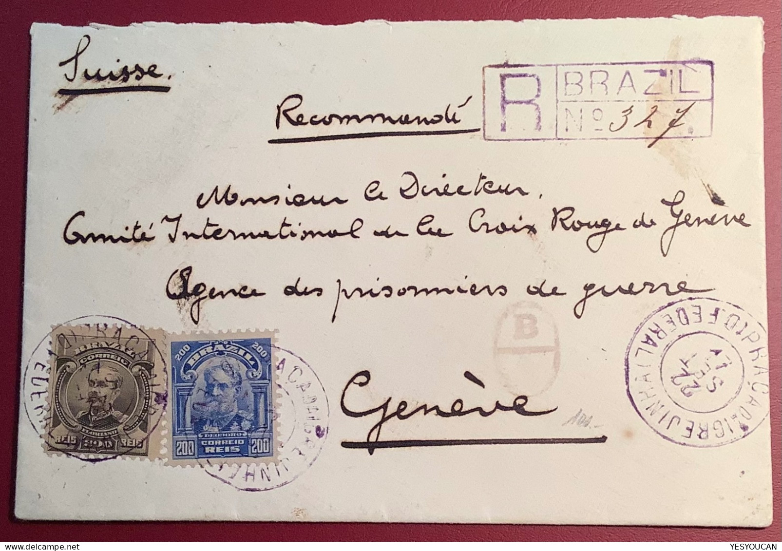 RARE 1917 COVER TO WW1 POW RED CROSS GENÈVE From PRAÇA DA INGREJINHA (registered Rio Brazil) - Brieven En Documenten