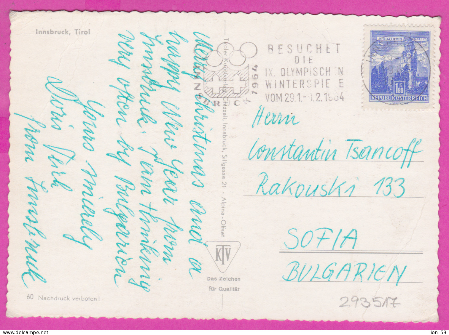 293517 / Austria Innsbruck , Tirol PC 1963 USED 1.80 S Flamme Besuchet Die IX Olympischen Winterspiele Vom 29.1-9.2 1964 - Inverno1964: Innsbruck