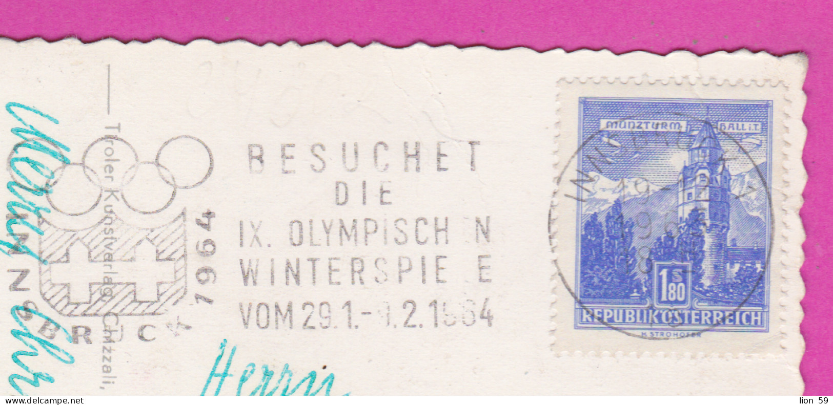 293517 / Austria Innsbruck , Tirol PC 1963 USED 1.80 S Flamme Besuchet Die IX Olympischen Winterspiele Vom 29.1-9.2 1964 - Hiver 1964: Innsbruck