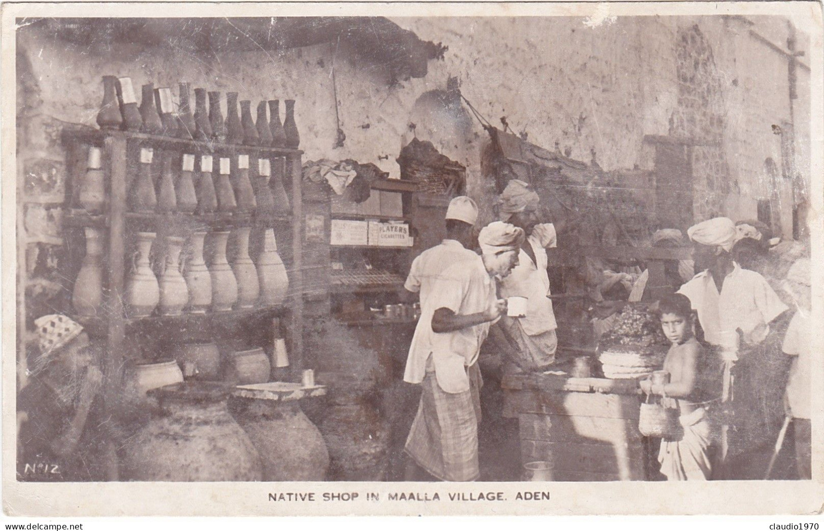 YEMEN - ADEN - CARTOLINA - NATIVE SHOP IN MAALLA VILAGE - VG. PER NAPOLI - FRANCOBOLLO ASPORTATO - Jemen